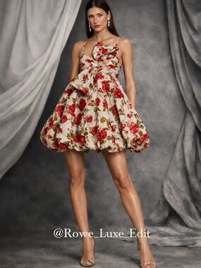 Mac Duggal Floral Brocade Puff Mini Dress Bow Size 8 NWT White Multi